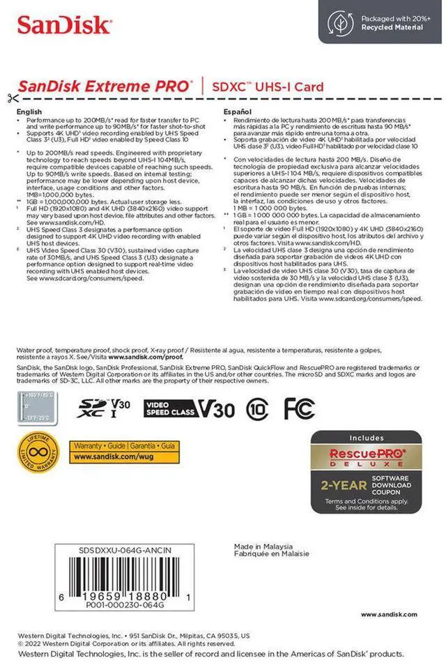 Alt view image 8 of 13 - SanDisk Extreme PRO 64 GB Class 10/UHS-I (U3) V30 SDXC - SDSDXXU-064G-ANCIN