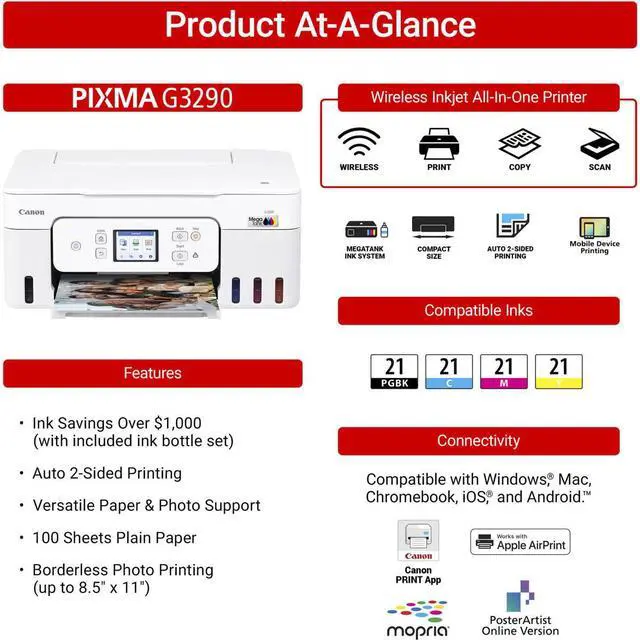 Alt view image 9 of 20 - Canon MegaTank PIXMA G3290 Wireless 3 In 1 White Printer with LCD Touchscreen