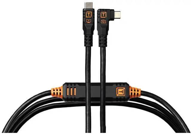 Main image of Tether Tools TetherPro Optima 10G 15' USB-C Straight to USB-C Right Angle Cable, Black