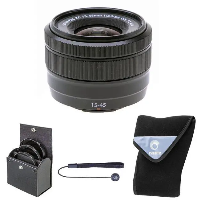 Main image of Fujifilm XC 15-45mm f/3.5-5.6 OIS PZ Lens, Black, Bundle with 52mm Digital Essentials Filter Kit and 15x15" Lens Wrap