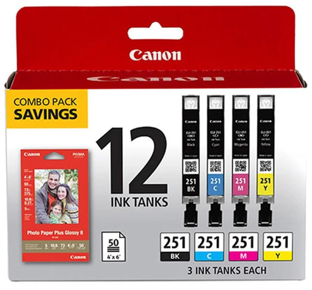 Alt view image 2 of 2 - Canon 2x CLI-251 12 Ink Combo Pack with Canon Photo Paper Plus Glossy 4x6" 50 Sheets for MG5620, MG6620, MG7520 PIXMA Series Printers