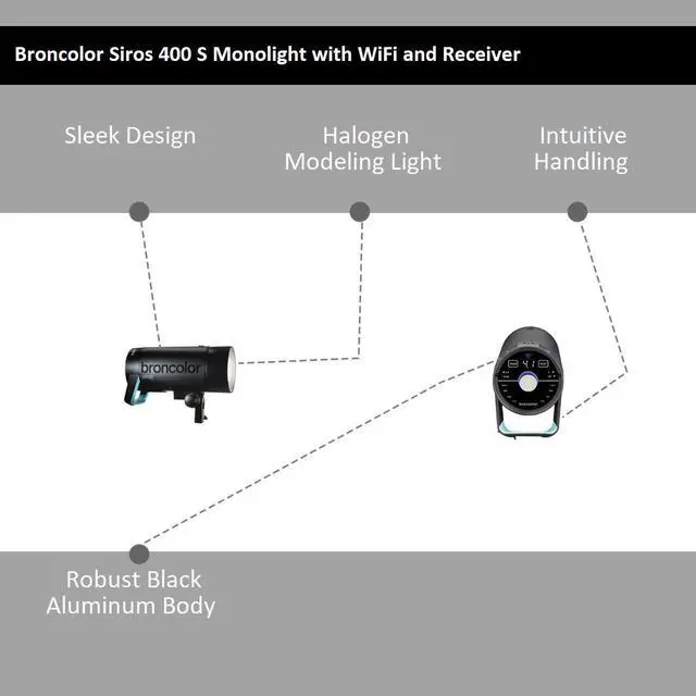 Alt view image 3 of 3 - Broncolor Siros 400 S Monolight with WiFi and RFS2.1 Receiver, 400 Watt, 9 f-Stop Control Range, 1/6500-1/1000Sec Flash Duration