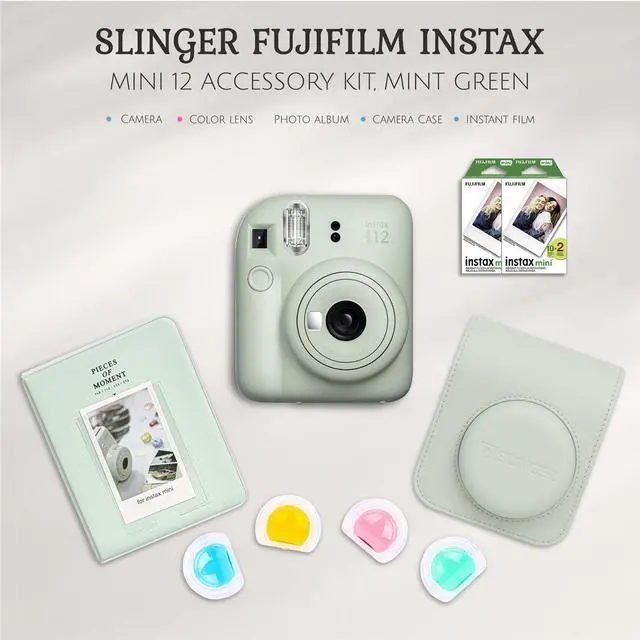 Main image of Fujifilm Fujifilm Instax Mini 12 Instant Film Camera, Mint Green Bundle with Instax Mini Custom Case, Accessory Kit and Daylight Film, 4x Twin Pack (80 Exposures) ISO 800