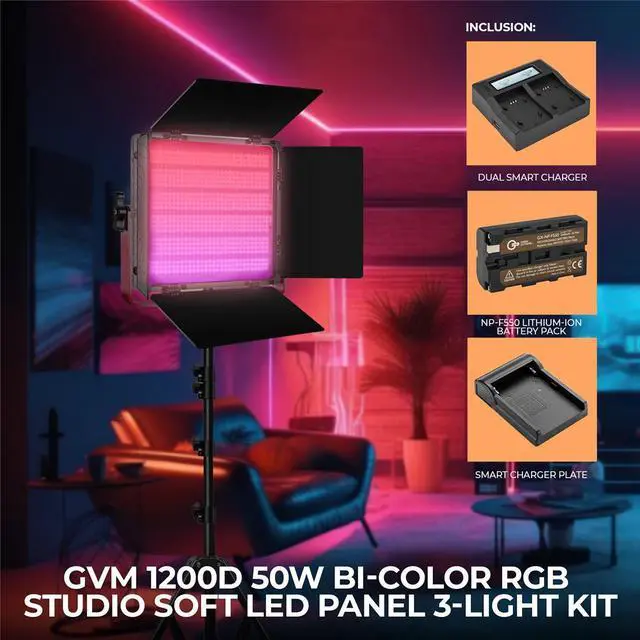Alt view image 2 of 7 - GVM 1200D 50W Bi-Color RGB Studio Soft LED Panel 3-Light Kit,w/Batteries&Charger