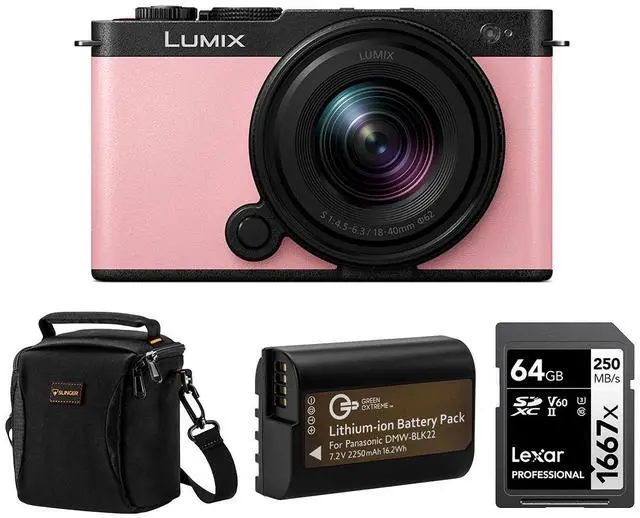 Main image of Panasonic LUMIX S9 Mirrorless Camera with LUMIX S 18-40mm f/4.5-6.3 Lens, Pink, Bundle with Professional 1667x 64GB UHS-II SDXC Memory Card, Alpine 120 Shoulder Bag, DMW-BLK22 Lithium-Ion Battery