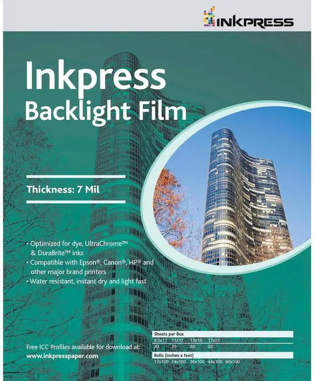 Main image of Inkpress Backlight Translucent White Semi-matte Inkjet Film, 7 mil, 8.5x11", 50 Sheets