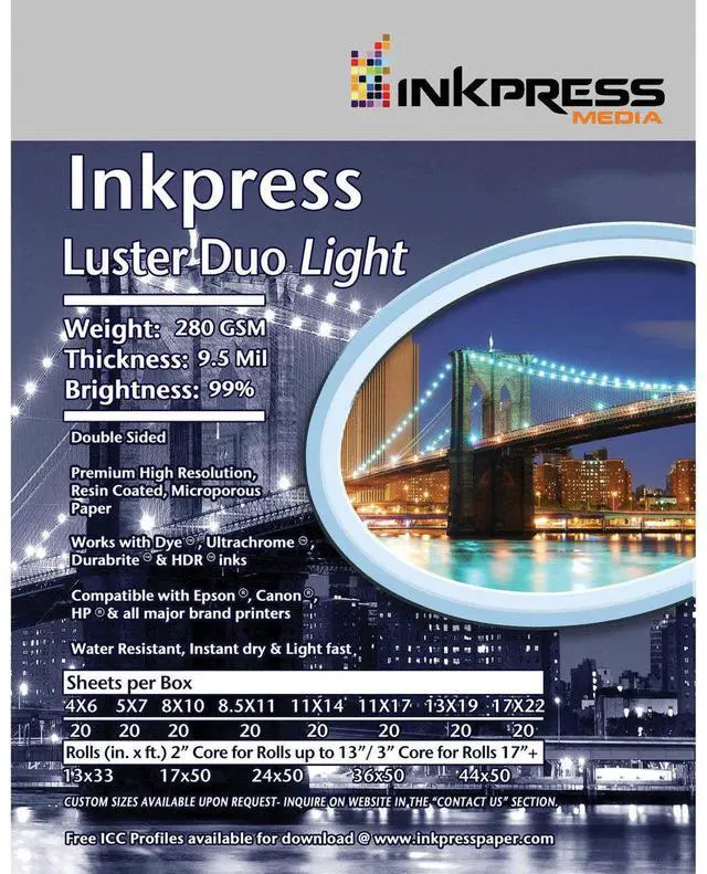 Main image of Inkpress Luster Duo, Double Sided Inkjet Paper, 99% Bright, 280 gsm, 9.5 mil., 8.5x11", 20 Sheets