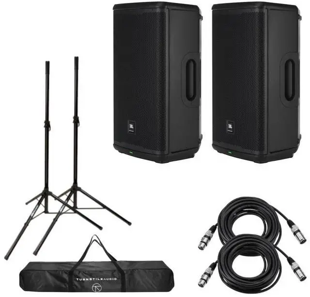 Main image of JBL JBL (2) EON715 15" 1300W Powered Portable PA Speaker with Bluetooth and DSP, Pair, Bundle with 2 Ultimate Support JamStands JS-TS50 6' Tripod-Style Speaker Stands, and 2x 25' XLR Cables