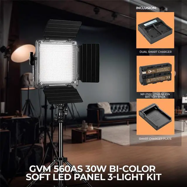 Alt view image 5 of 7 - Great Video Maker 560AS 30W Bi-Color Soft LED Panel 3-Light Kit, Bundle with Green Extreme Dual Smart Charger, 6x NP-F550 Lithium-Ion Battery, Smart Charger Plate