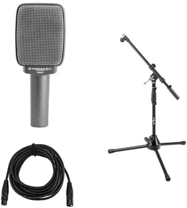 Main image of Sennheiser Sennheiser e 609 Guitar Cabinet Dynamic Microphone, Silver Bundle with Tripod Short Tripod Microphone Stand with Telescoping Boom, Value Series XLR M to F Professional Microphone Cable