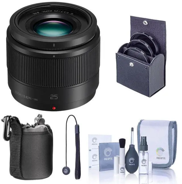 Alt view image 2 of 7 - panasonic 25mm f/1.7 lumix g aspherical lens for micro 4/3 system  bundle with soft lens case, 46mm filter kit, cleaning kit, capleash ii