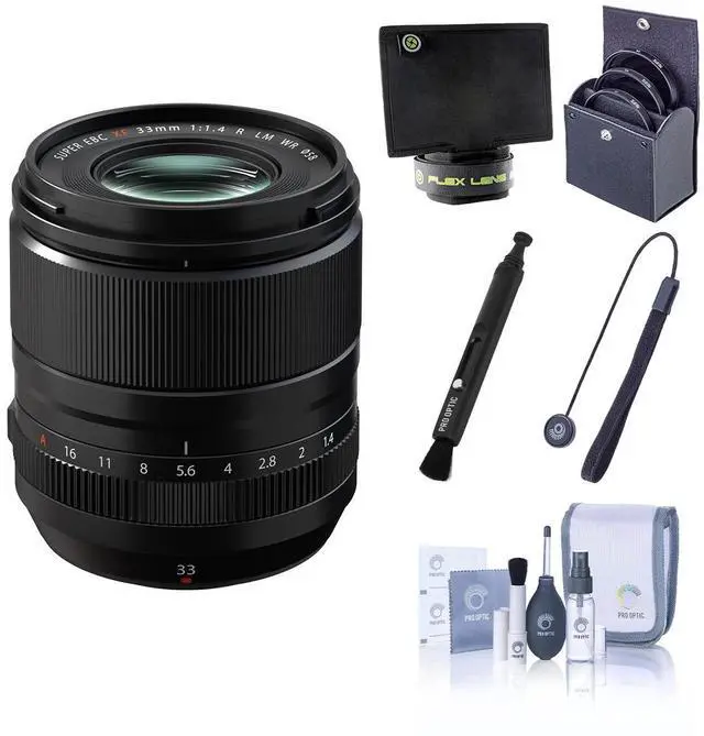 Main image of Fujifilm XF 33mm f/1.4 R LM WR Lens, Black, Bundle with 58mm Essentials Filter Kit, Lens Shade, Cleaning Kit, Lens Cap Tether