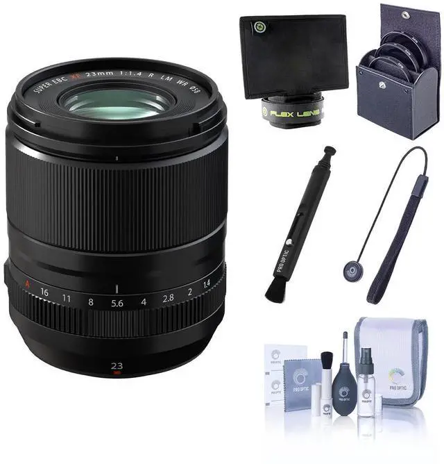 Main image of Fujifilm XF 23mm f/1.4 R LM WR Lens, Black, Bundle with 58mm Essentials Filter Kit, Lens Shade, Cleaning Kit, Lens Cap Tether