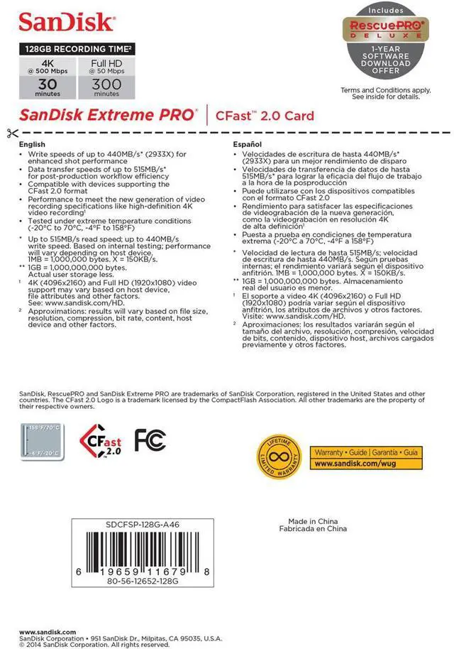 Alt view image 17 of 17 - SanDisk - SDCFSP-128G-A46D - SanDisk Extreme Pro 128 GB CFast Card - 525 MB/s Read - 450 MB/s Write - Lifetime Warranty
