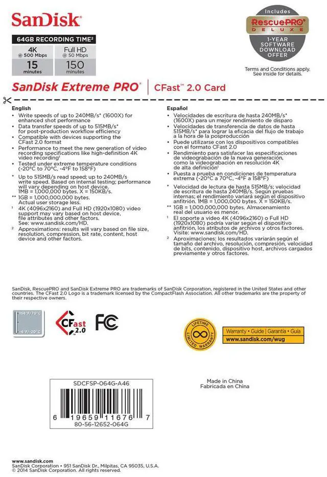 Alt view image 16 of 16 - SanDisk - SDCFSP-064G-A46D - SanDisk Extreme Pro 64 GB CFast Card - 525 MB/s Read - 430 MB/s Write - Lifetime Warranty