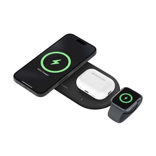 Alt view image 6 of 7 - Belkin BoostCharge Pro 15W 3-In-1 Magnetic Qi2 Charging Pad with USB-C Apple Watch Charger, Black