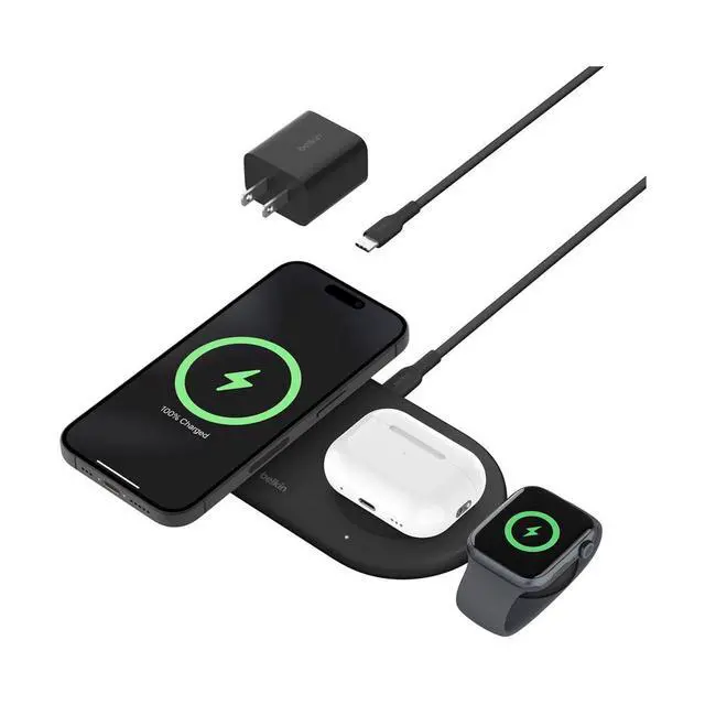 Alt view image 7 of 7 - Belkin BoostCharge Pro 15W 3-In-1 Magnetic Qi2 Charging Pad with USB-C Apple Watch Charger, Black