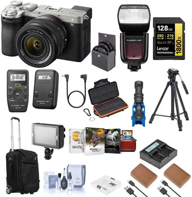 Main image of Sony Alpha a7C II Mirrorless Camera with FE 28-60mm f/4-5.6 Lens, Silver, Bundle with On-Camera Flash Speedlight, Roller Bag, Software Kit and 40.5mm Filter Kit