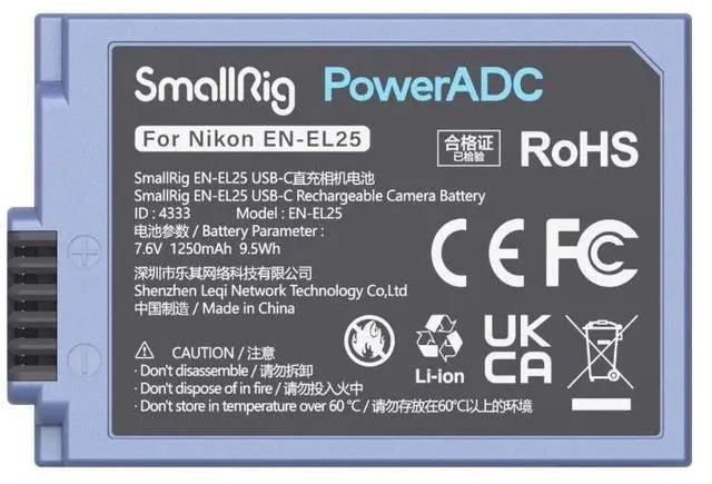 Alt view image 3 of 7 - SmallRig EN-EL25 9.5Wh 7.6V 1250mAh USB-C Rechargeable Lithium-Ion Battery for Nikon Camera