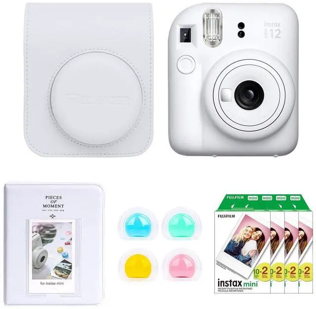 Main image of Fujifilm Fujifilm Instax Mini 12 Instant Film Camera, Clay White Bundle with Instax Mini Custom Case, Accessory Kit and Daylight Film, 4x Twin Pack (80 Exposures) ISO 800