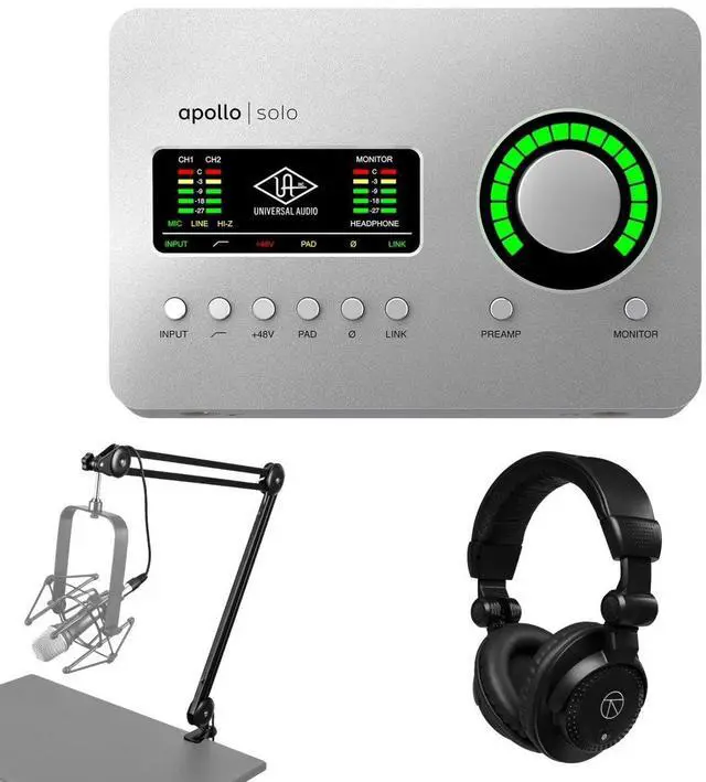 Main image of Universal Audio Apollo Solo Heritage Edition Desktop 2x4 Thunderbolt 3 Audio Interface + Broadcast Arm with Internal Springs and Integrated 10' XLR Cable + Closed-Back Studio Monitor Headphones