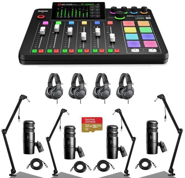 Main image of Rode RODECaster Pro II Integrated Audio Production Studio Console Bundle with 4x AT2040 Mic, 4x ATH-M20x Headphones, 4x Broadcast Arm, 4x M to F XLR Cable, 32BG microSD Card