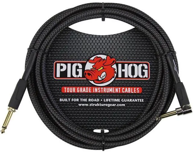 Alt view image 7 of 7 - Pig Hog Instrument Cable Black Woven 1/4" to 1/4" Right Angle 10 ft. Black Woven