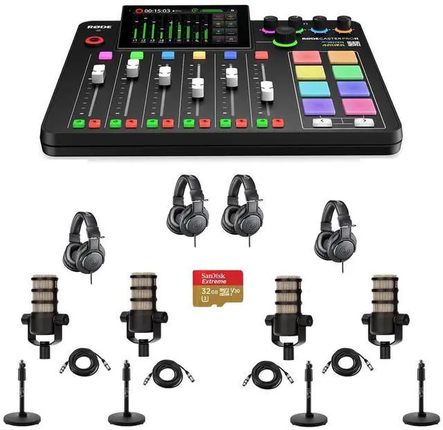 Main image of Rode RODECaster Pro II Integrated Audio Production Studio Console Bundle with 4x PodMic Microphone, 4x TAPH500 Headphones, 4x Mic Stand, 4x M to F XLR Cable, 32GB microSD Card