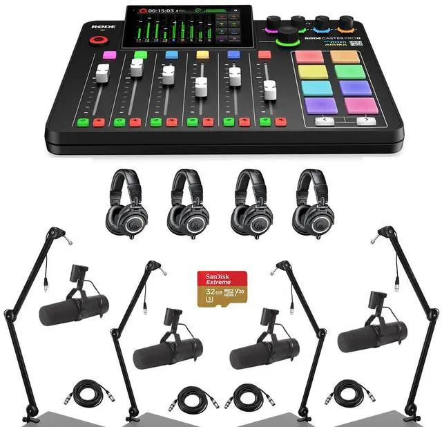 Main image of Rode RODECaster Pro II Integrated Audio Production Studio Console Bundle with 4x SM7B Mic, 4x ATH-M50x Headphones, 4x Broadcast Arm, 4x M to F XLR Cable, 32BG microSD Card