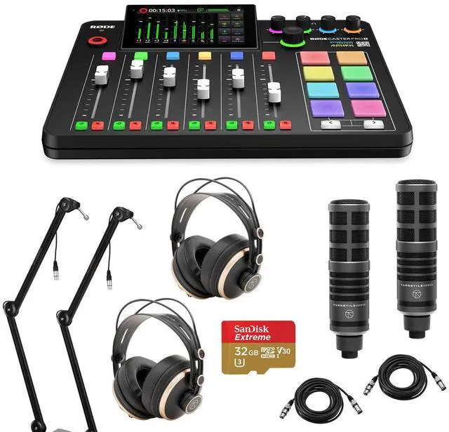 Main image of Rode RODECaster Pro II Integrated Audio Production Studio Console Bundle with 2x TAP300 Mic, 2x TAPH700 Headphones, 2x Broadcast Arm, 2x M to F XLR Cable, 32BG microSD Card