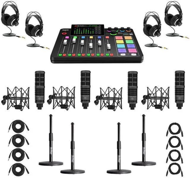 Main image of Rode RODECaster Pro II Production Studio Console, Bundle with 4x Turnstile Audio TAP500 Broadcast Microphones and 4x On-Stage DS7200B Mic Stand