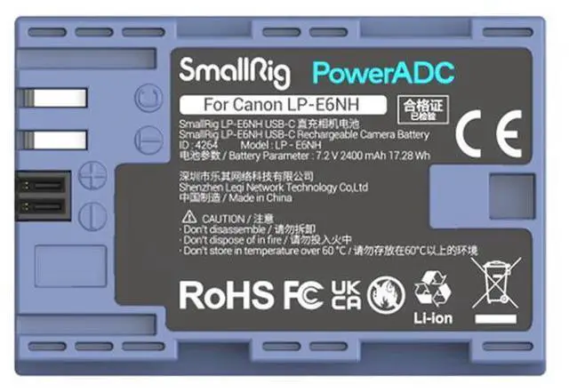 Alt view image 3 of 7 - SmallRig LP-E6NH 17.28Wh 7.2V 2400mAh USB-C Rechargeable Lithium-Ion Battery for Canon Camera