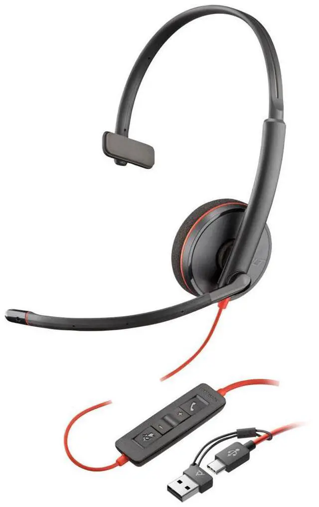 Alt view image 6 of 11 - Poly Blackwire 3310 Monaural USB-C Headset +USBC/A Adapter - Mono - USB Type C, Mini-phone (3.5mm) - Wired - 32 Ohm - On-ear - Monaural - Ear-cup - 7 ft Cable - Omni-directional Microphone - Black
