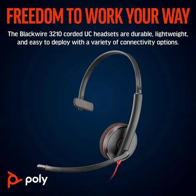 Alt view image 8 of 11 - Poly Blackwire 3310 Monaural USB-C Headset +USBC/A Adapter - Mono - USB Type C, Mini-phone (3.5mm) - Wired - 32 Ohm - On-ear - Monaural - Ear-cup - 7 ft Cable - Omni-directional Microphone - Black