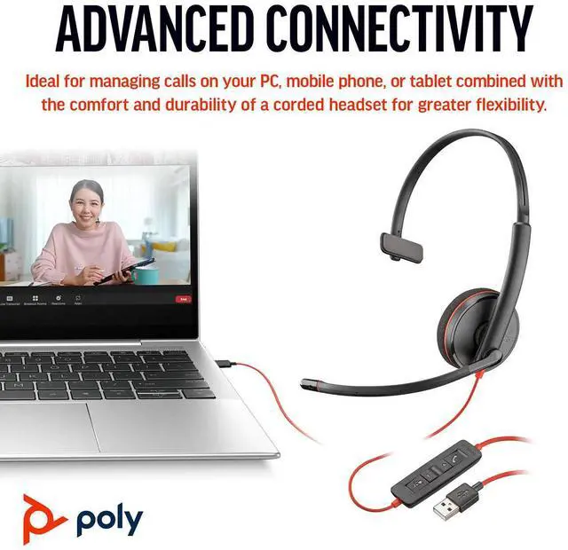 Alt view image 10 of 11 - Poly Blackwire 3310 Monaural USB-C Headset +USBC/A Adapter - Mono - USB Type C, Mini-phone (3.5mm) - Wired - 32 Ohm - On-ear - Monaural - Ear-cup - 7 ft Cable - Omni-directional Microphone - Black