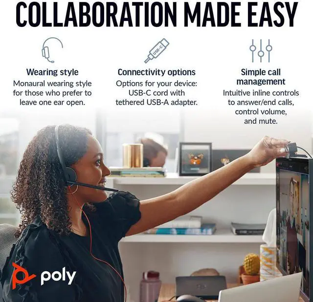 Alt view image 11 of 11 - Poly Blackwire 3310 Monaural USB-C Headset +USBC/A Adapter - Mono - USB Type C, Mini-phone (3.5mm) - Wired - 32 Ohm - On-ear - Monaural - Ear-cup - 7 ft Cable - Omni-directional Microphone - Black