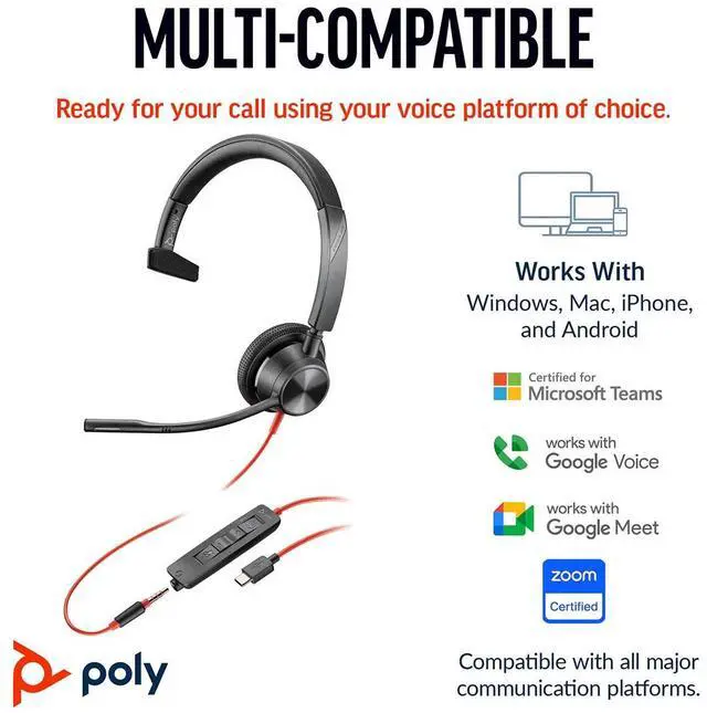 Alt view image 6 of 6 - Poly Blackwire 3315 Headset - Microsoft Teams Certification - Mono - USB Type C, Mini-phone (3.5mm) - Wired - 32 Ohm - On-ear - Monaural - Ear-cup - 7 ft Cable - Omni-directional Microphone - Black