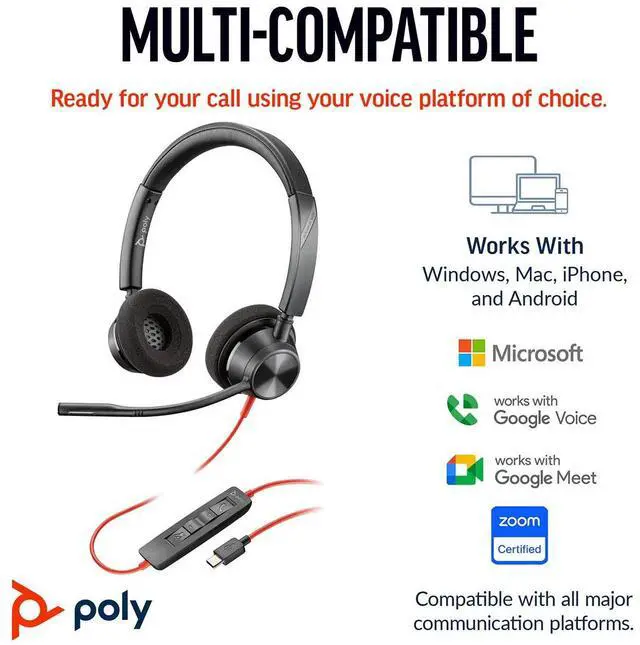 Alt view image 4 of 6 - Poly Blackwire 3320 Stereo USB-C Headset +USB-C/A Adapter - Stereo - USB Type C, Mini-phone (3.5mm) - Wired - 32 Ohm - On-ear - Binaural - Ear-cup - 7.10 ft Cable - Omni-directional Microphone - Black