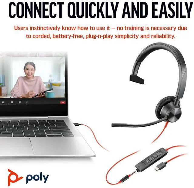 Alt view image 4 of 6 - Poly Blackwire 3315 Headset - Microsoft Teams Certification - Mono - USB Type C, Mini-phone (3.5mm) - Wired - 32 Ohm - On-ear - Monaural - Ear-cup - 7 ft Cable - Omni-directional Microphone - Black