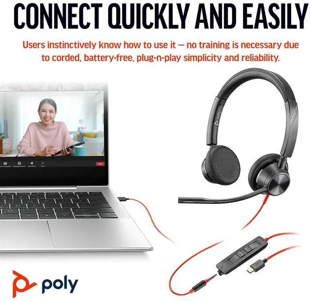 Alt view image 5 of 8 - Poly Blackwire 3325 Stereo USB-C Headset +3.5mm Plug +USB-C/A Adapter - Stereo - USB Type C, Mini-phone (3.5mm) - Wired - 32 Ohm - On-ear - Binaural - Ear-cup - 7 ft Cable - Omni-directional Microphon