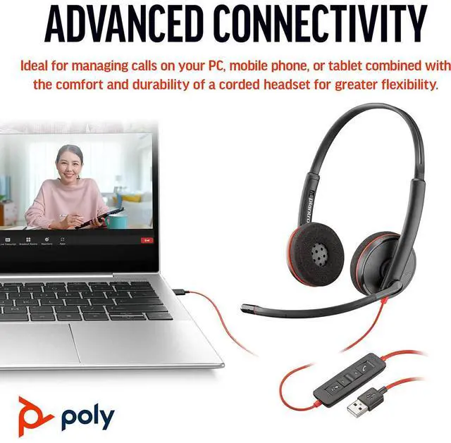 Alt view image 5 of 8 - Poly Blackwire 3220 Stereo USB-C Headset + USB-C/A Adapter - Stereo - USB Type C, Mini-phone (3.5mm) - Wired - 32 Ohm - On-ear - Binaural - Ear-cup - 5.20 ft Cable - Omni-directional Microphone - Nois