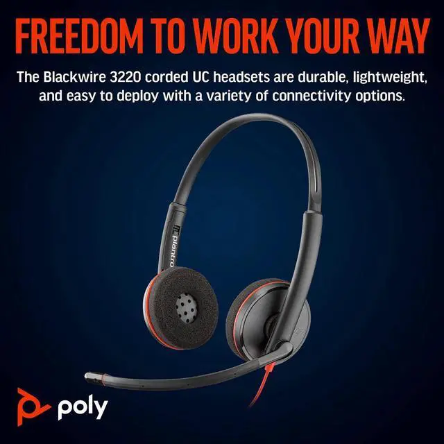 Alt view image 6 of 8 - Poly Blackwire 3220 Stereo USB-C Headset + USB-C/A Adapter - Stereo - USB Type C, Mini-phone (3.5mm) - Wired - 32 Ohm - On-ear - Binaural - Ear-cup - 5.20 ft Cable - Omni-directional Microphone - Nois