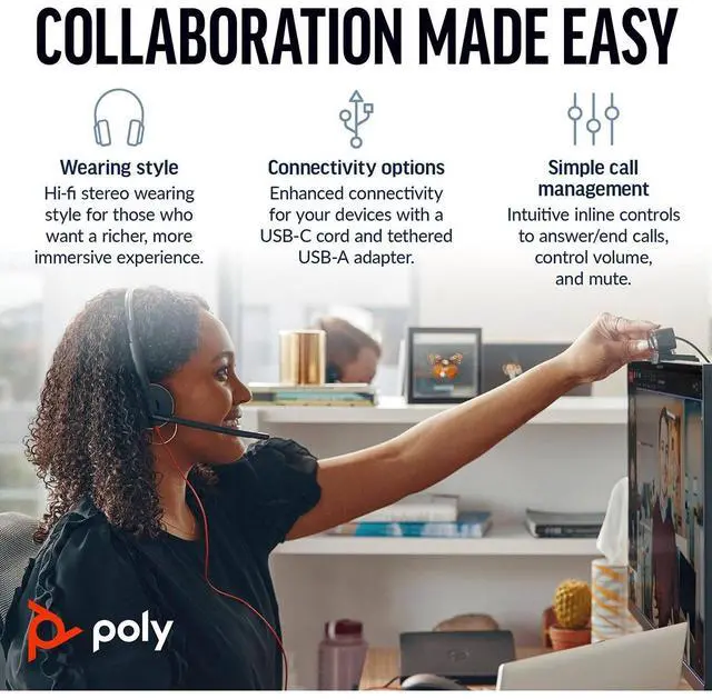 Alt view image 8 of 8 - Poly Blackwire 3220 Stereo USB-C Headset + USB-C/A Adapter - Stereo - USB Type C, Mini-phone (3.5mm) - Wired - 32 Ohm - On-ear - Binaural - Ear-cup - 5.20 ft Cable - Omni-directional Microphone - Nois