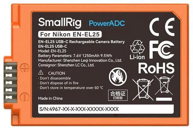 Alt view image 3 of 7 - SmallRig EN-EL25 9.5Wh 7.6V 1250mAh USB-C Rechargeable Camera Battery, Orange
