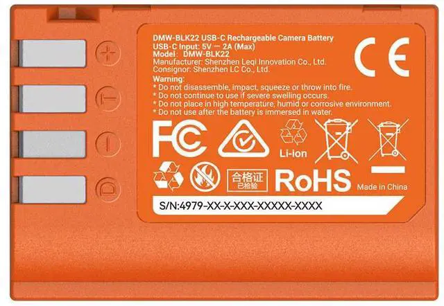 Alt view image 2 of 7 - SmallRig DMW-BLK22 18.15Wh 7.2V 2520mAh USB-C Rechargeable Camera Battery, Orange