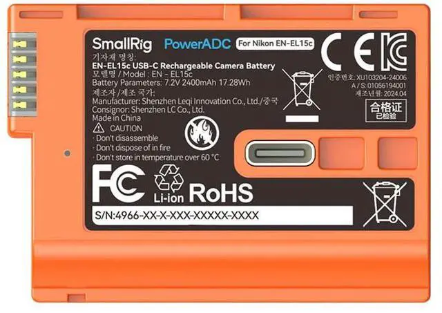 Alt view image 3 of 7 - SmallRig EN-EL15c 17.28Wh 7.2V 2400mAh USB-C Rechargeable Camera Battery, Orange