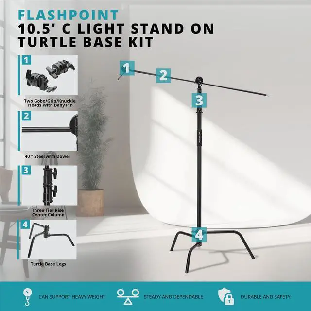 Main image of Flashpoint 10' Century Light Stand on Turtle Base Kit with 40" Grip Arm, Black