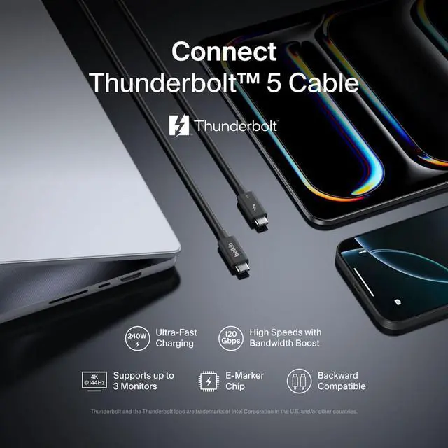Alt view image 7 of 7 - Belkin Connect 3.3' 240W 120Gbps Thunderbolt 5 USB-C Cable, Black