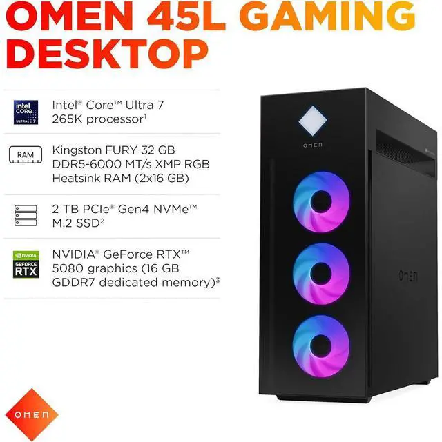 Alt view image 9 of 14 - HP OMEN 45L Gaming Desktop, Intel Core Ultra 7 265K, 32GB RAM, 2TB SSD, RTX 5080, Win 11 Pro, Microsoft Copilot, Tempered Glass, GT22-3080 (2025)