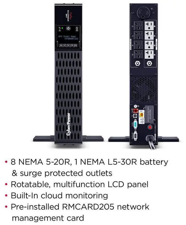 Alt view image 8 of 9 - CyberPower PR3000RT2UC Smart App Sinewave UPS Systems - 3000VA/3000W, 120 VAC, NEMA L5-30P, 2U, Rack / Tower, Sine Wave, 9 Outlets, LCD, PowerPanel® Business